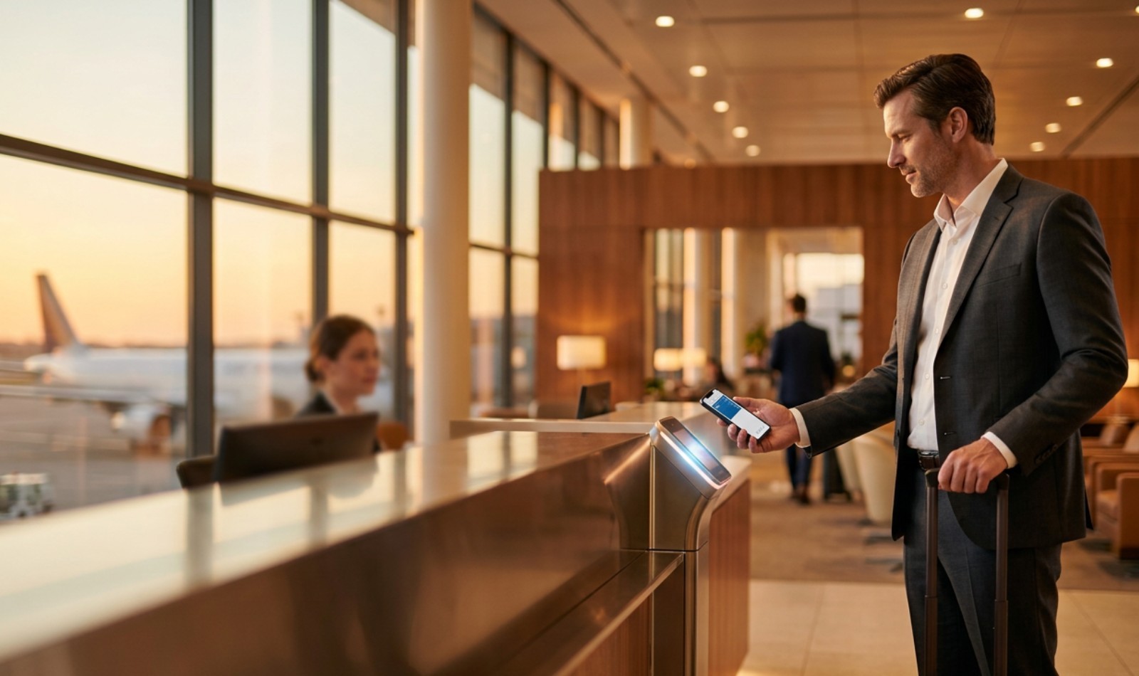 Traveller scanning a digital lounge pass on his phone at an airport lounge entrance