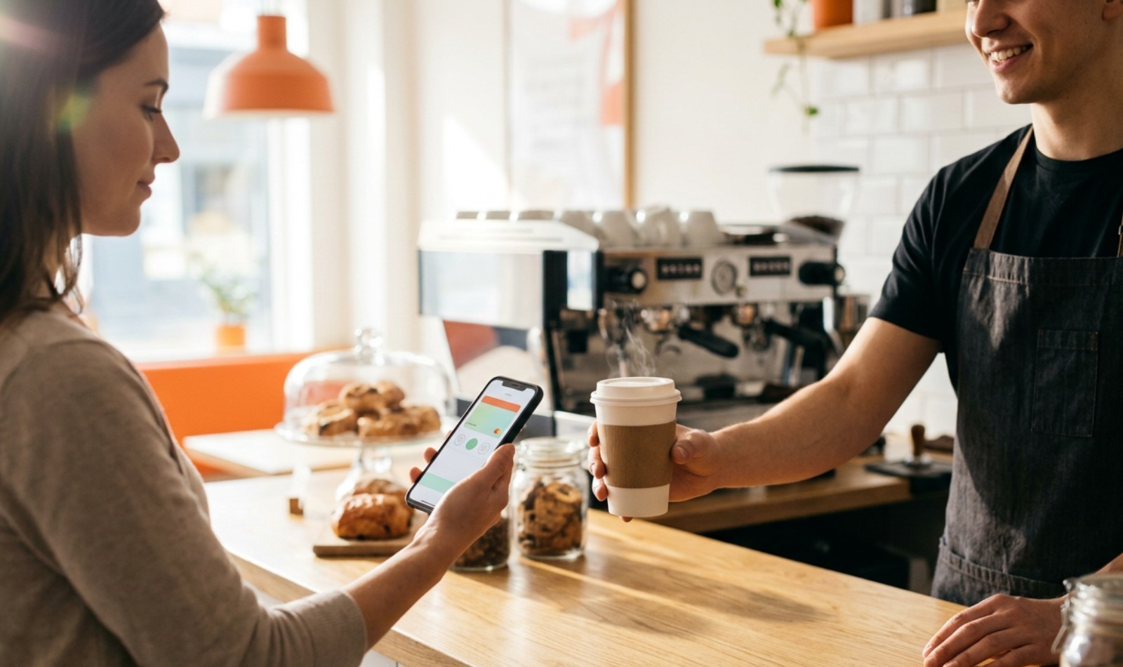 Customer showing a digital coffee loyalty card on her phone as the barista hands over a takeaway coffee