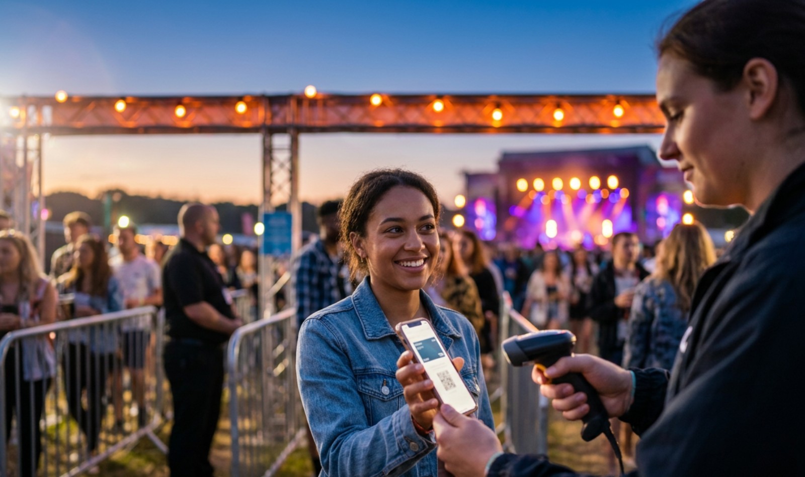 Festival-goer showing a digital ticket on her phone while staff scan it at the entry gate
