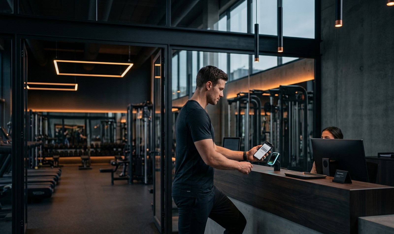 Gym member scanning a digital membership pass on his phone at the front desk to check in
