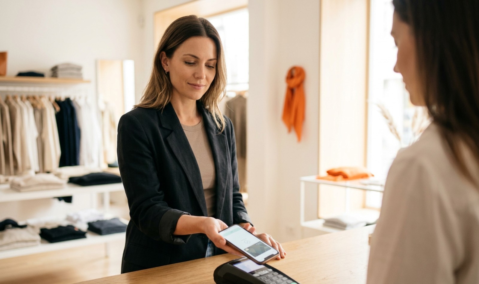 Shopper holding a digital loyalty card on her phone at the counter of a fashion boutique