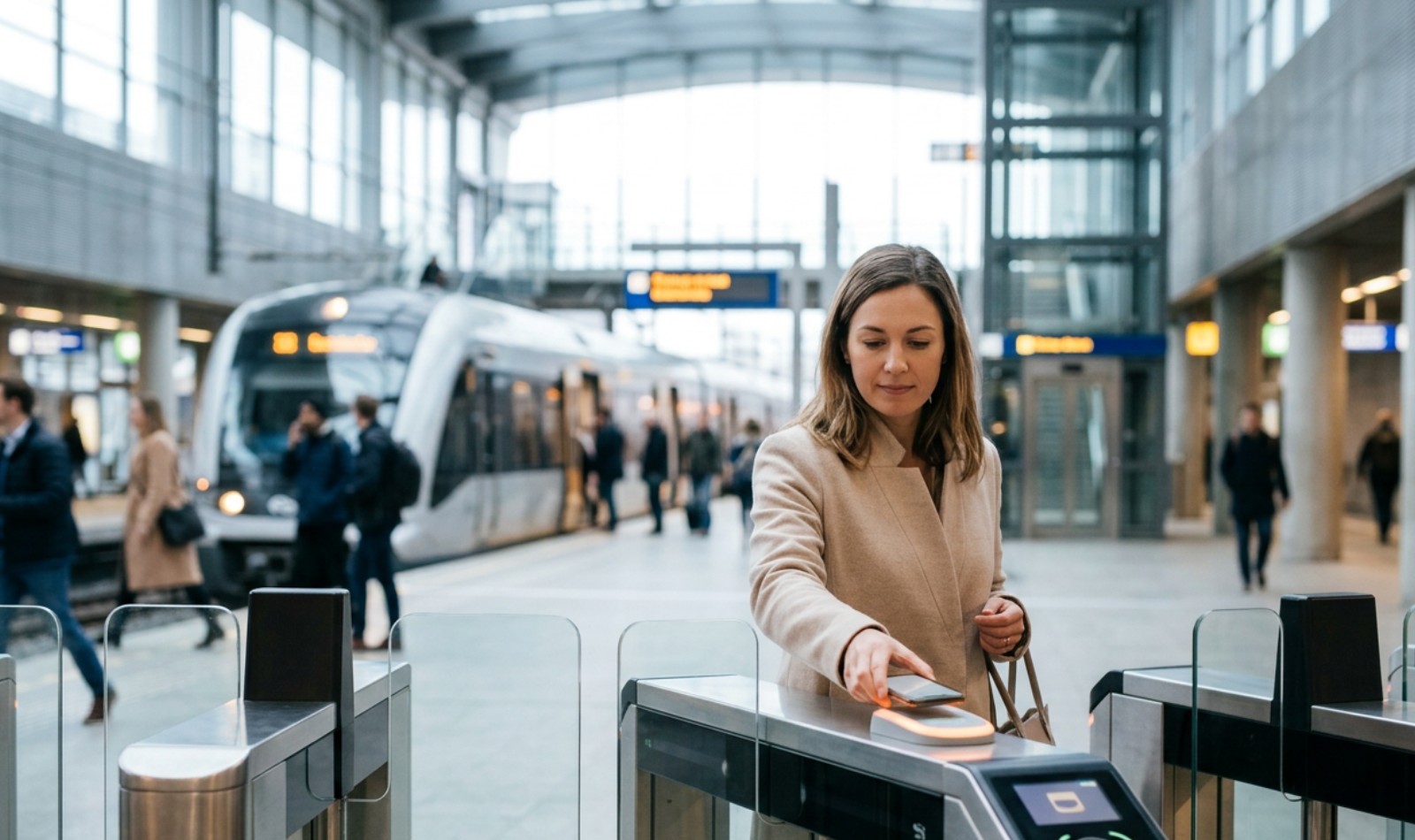 Commuter tapping a digital travel pass on her phone at a train station ticket gate